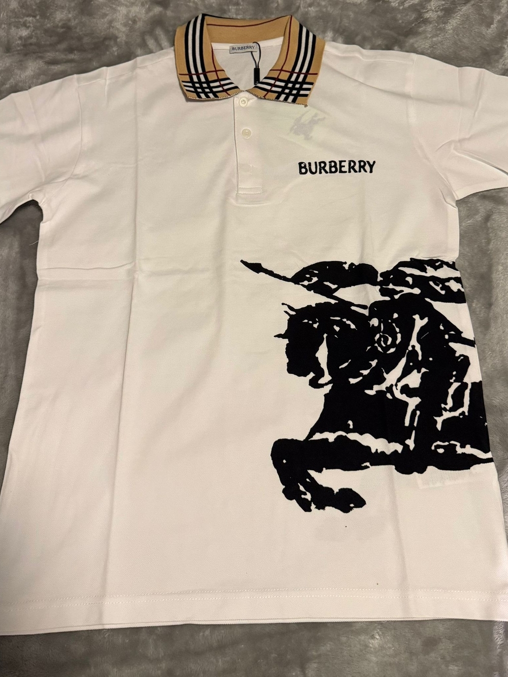 Burberry White Polo with Iconic Check Collar and Black Graphic